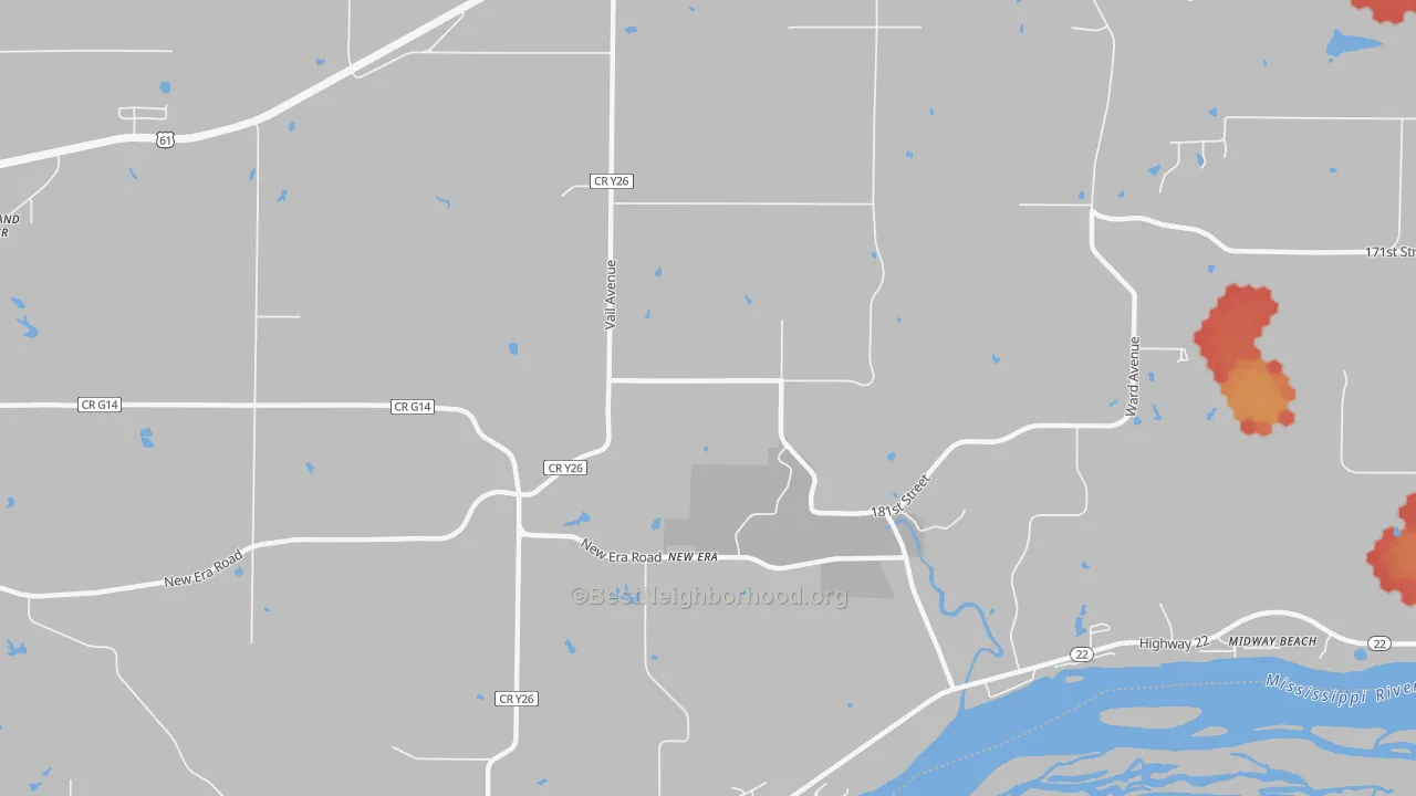 Walk Grade map of New Era, IA, walkable areas in green and car-dependent areas in red