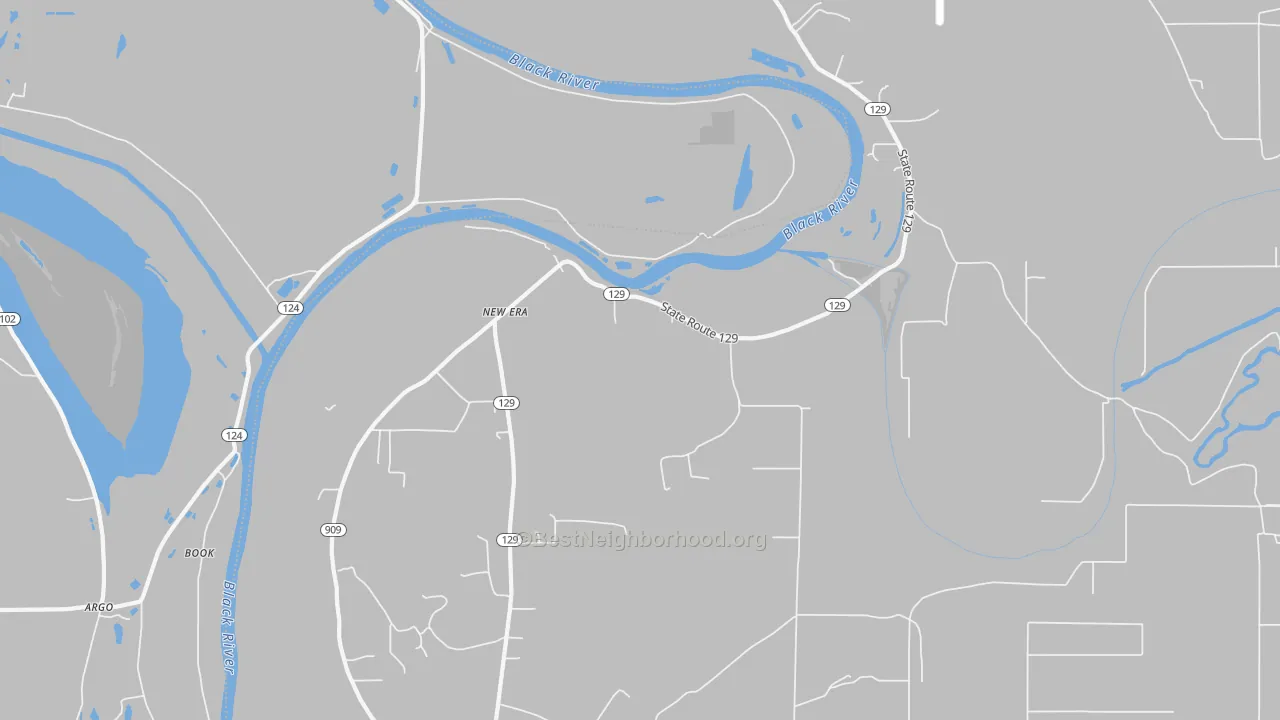 Walk Grade map of New Era, LA, walkable areas in green and car-dependent areas in red