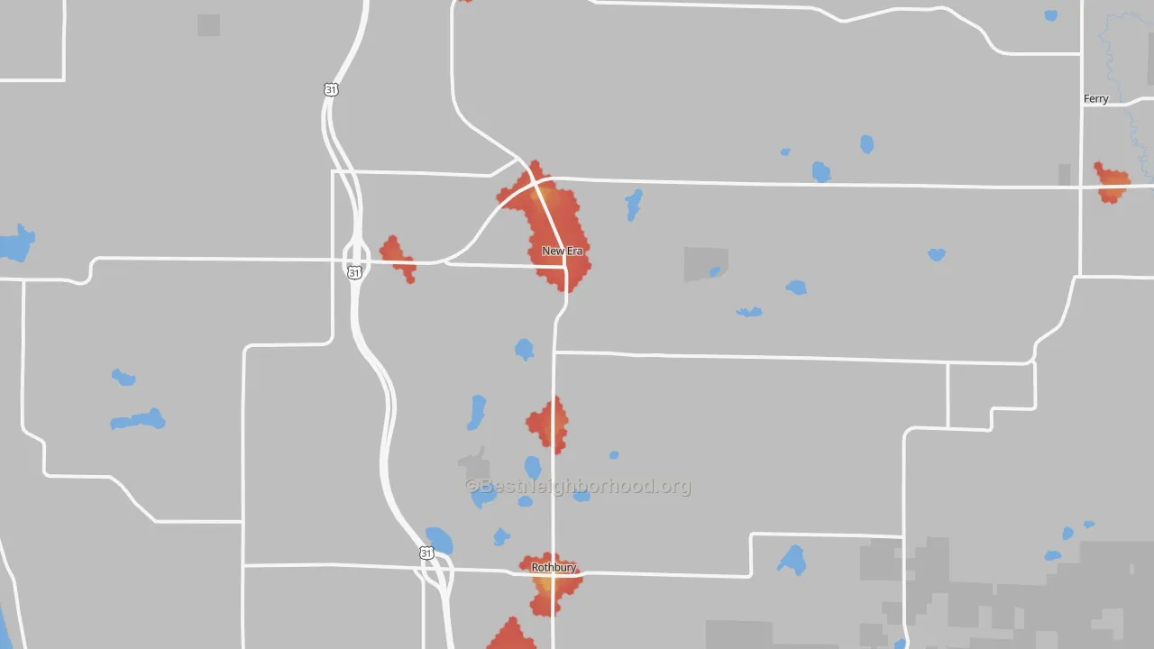 Walk Grade map of New Era, MI, walkable areas in green and car-dependent areas in red