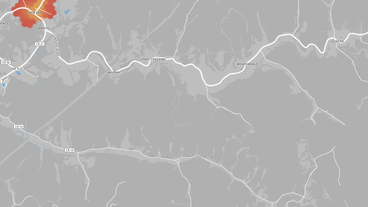 Walk Grade map of New Era, WV, walkable areas in green and car-dependent areas in red