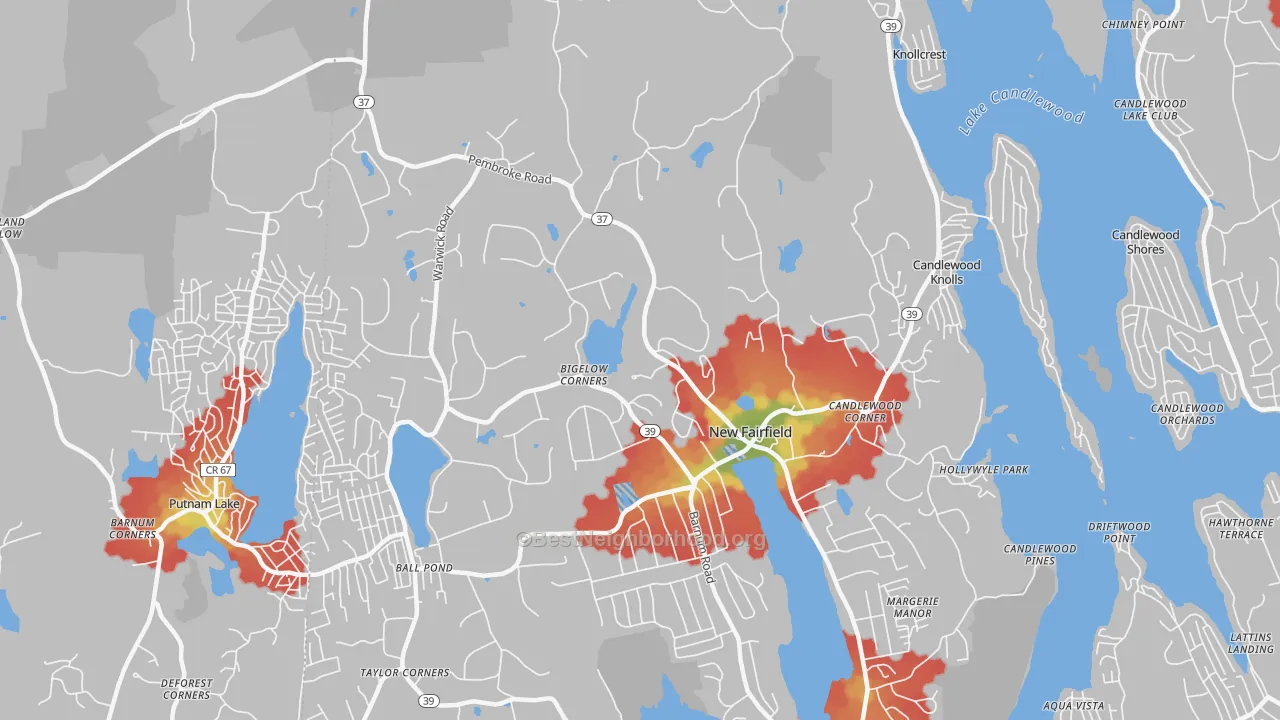 Walk Grade map of New Fairfield, CT, walkable areas in green and car-dependent areas in red