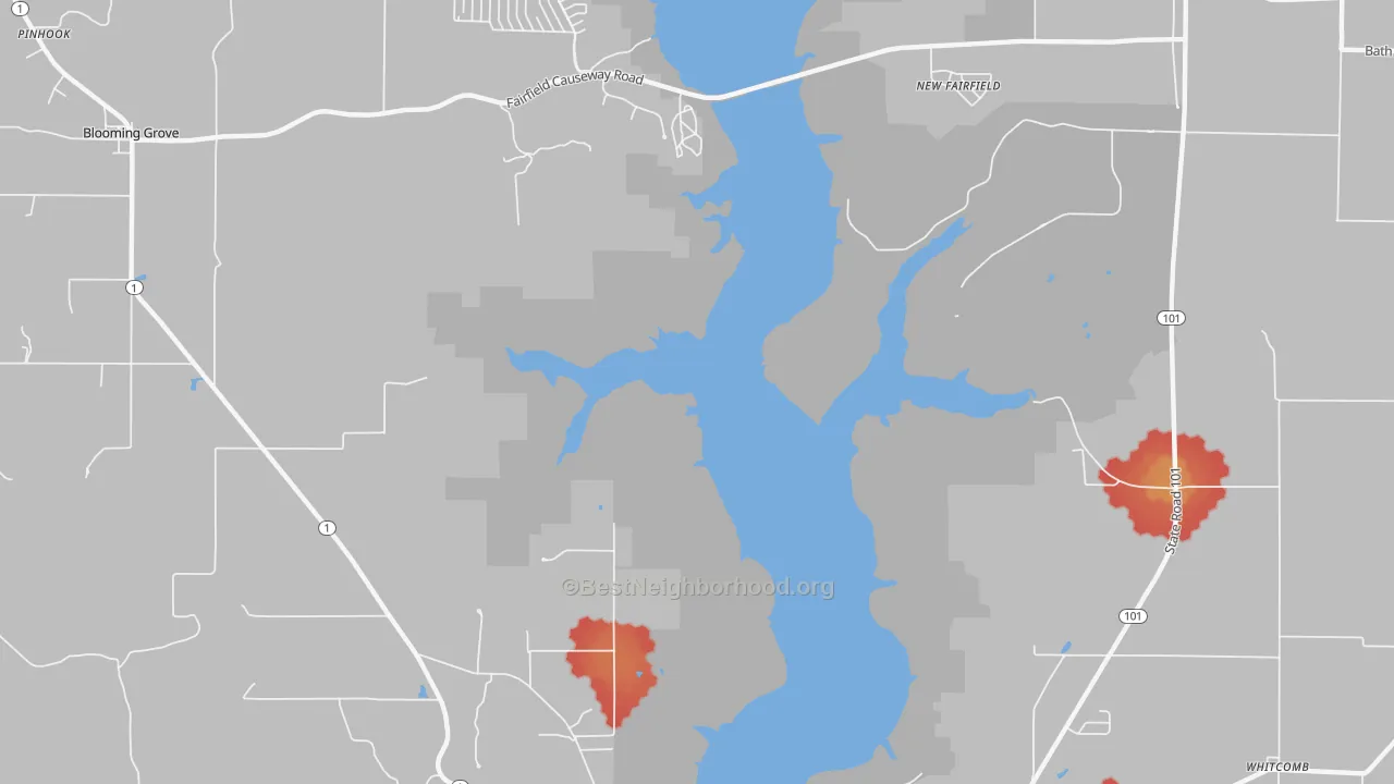 Walk Grade map of New Fairfield, IN, walkable areas in green and car-dependent areas in red