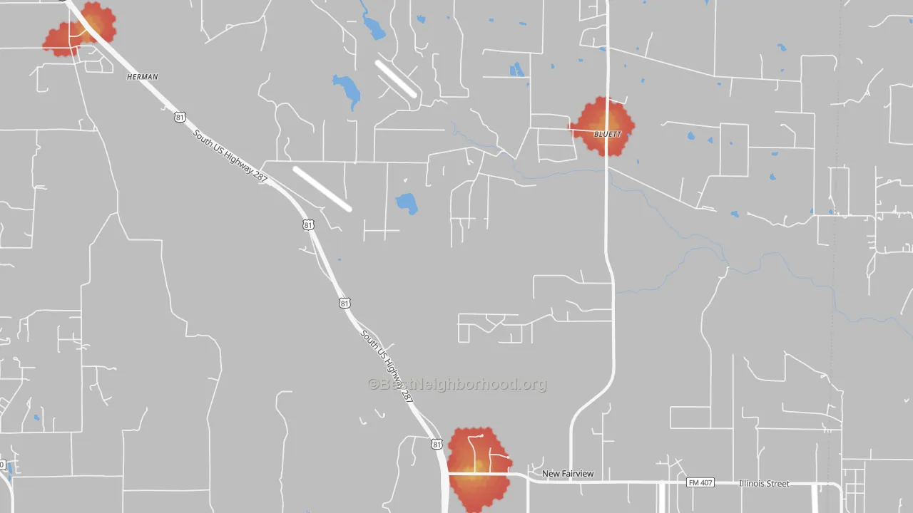 Walk Grade map of New Fairview, TX, walkable areas in green and car-dependent areas in red