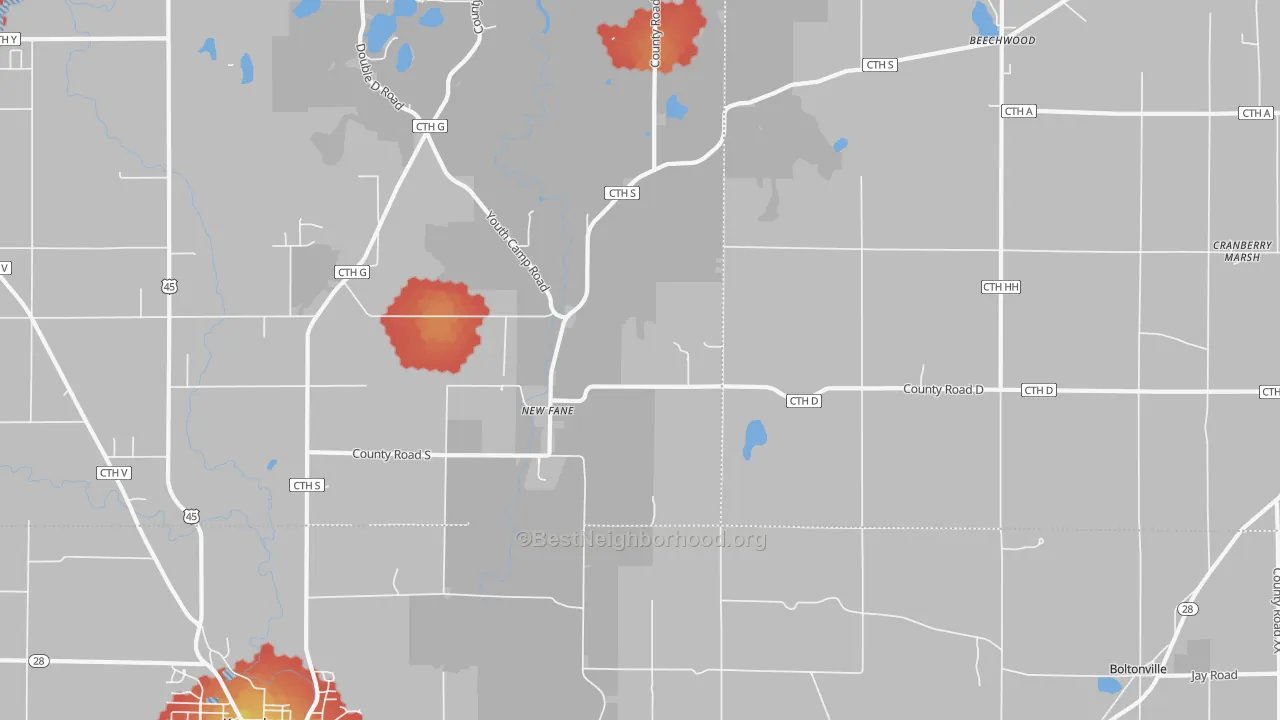 Walk Grade map of New Fane, WI, walkable areas in green and car-dependent areas in red