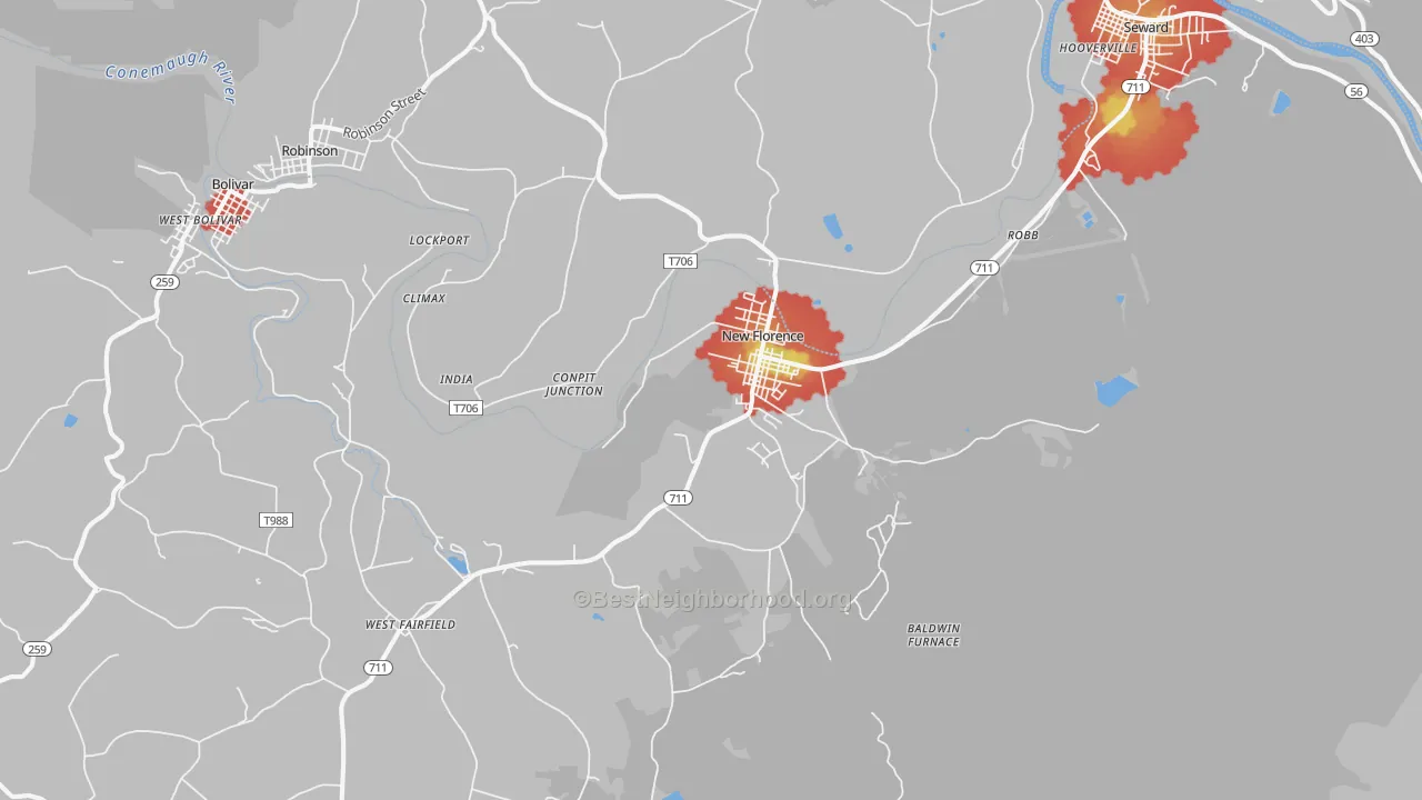 Walk Grade map of New Florence, PA, walkable areas in green and car-dependent areas in red