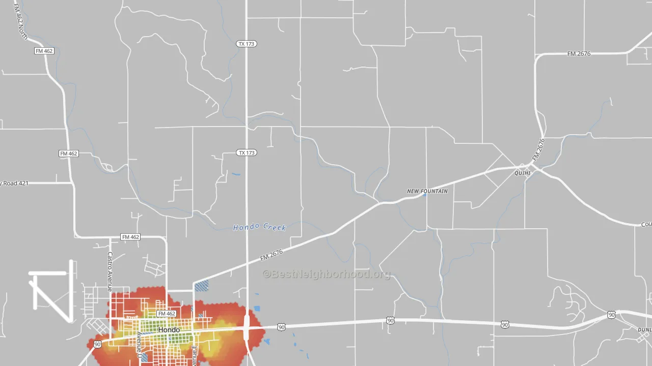 Walk Grade map of New Fountain, TX, walkable areas in green and car-dependent areas in red
