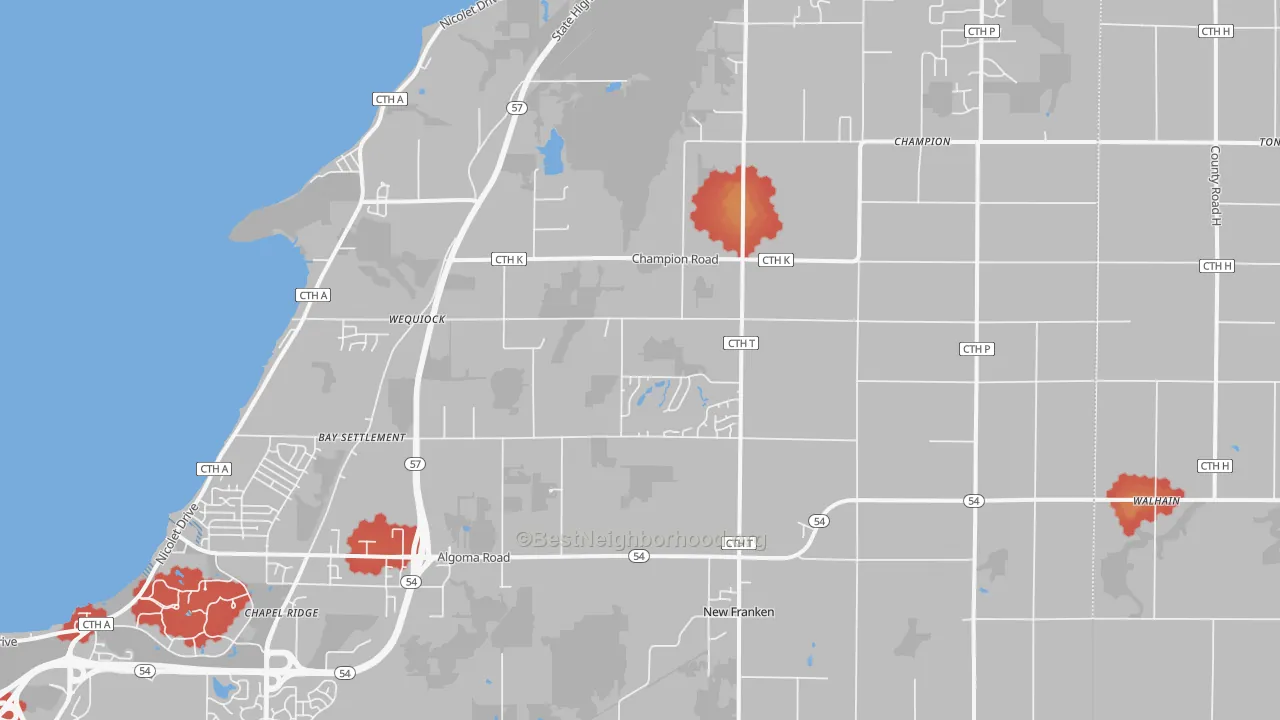 Walk Grade map of New Franken, WI, walkable areas in green and car-dependent areas in red