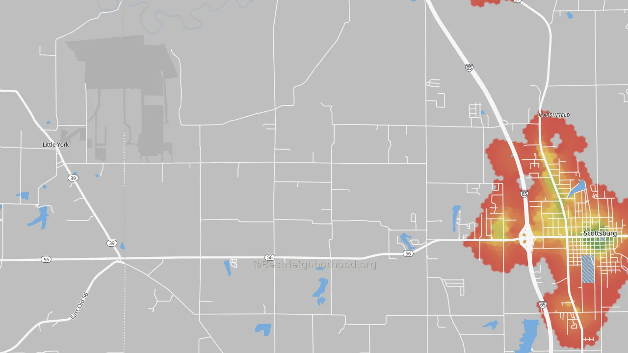 Walk Grade map of New Frankfort, IN, walkable areas in green and car-dependent areas in red