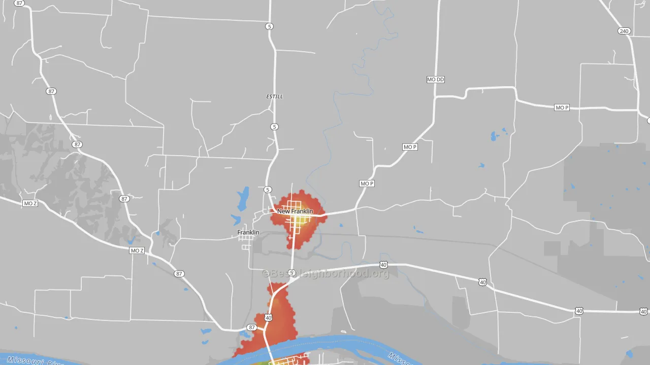 Walk Grade map of New Franklin, MO, walkable areas in green and car-dependent areas in red