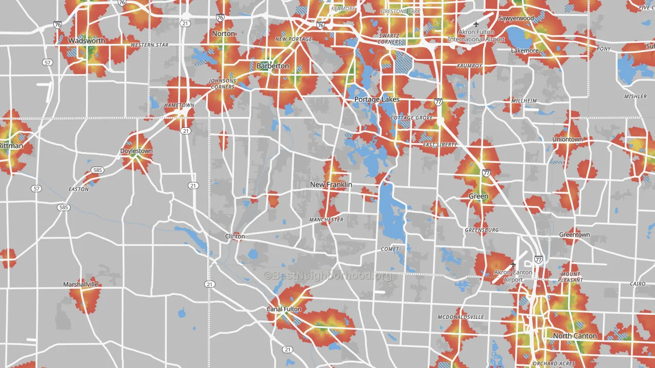 Walk Grade map of New Franklin, OH, walkable areas in green and car-dependent areas in red