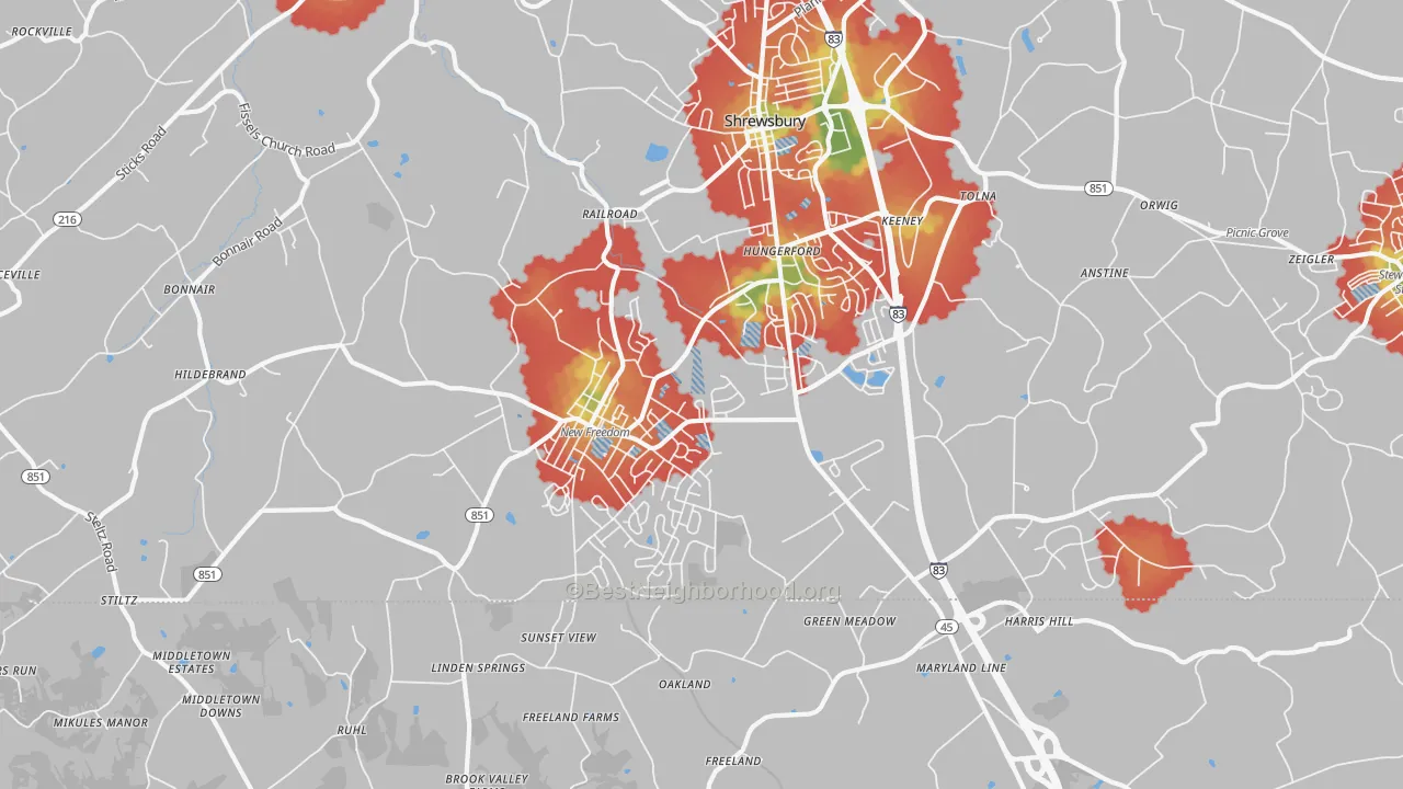 Walk Grade map of New Freedom, PA, walkable areas in green and car-dependent areas in red