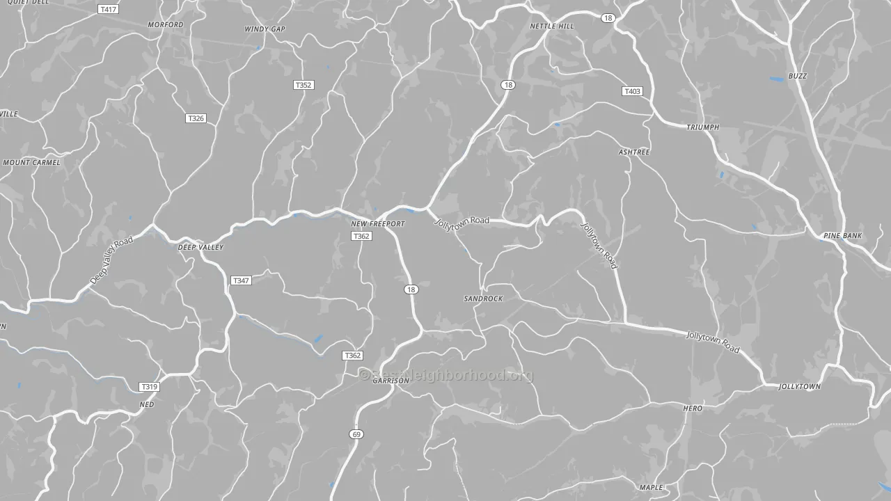 Walk Grade map of New Freeport, PA, walkable areas in green and car-dependent areas in red