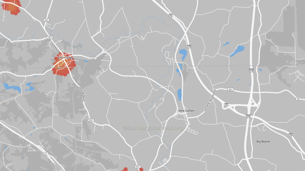 Walk Grade map of New Galilee, PA, walkable areas in green and car-dependent areas in red