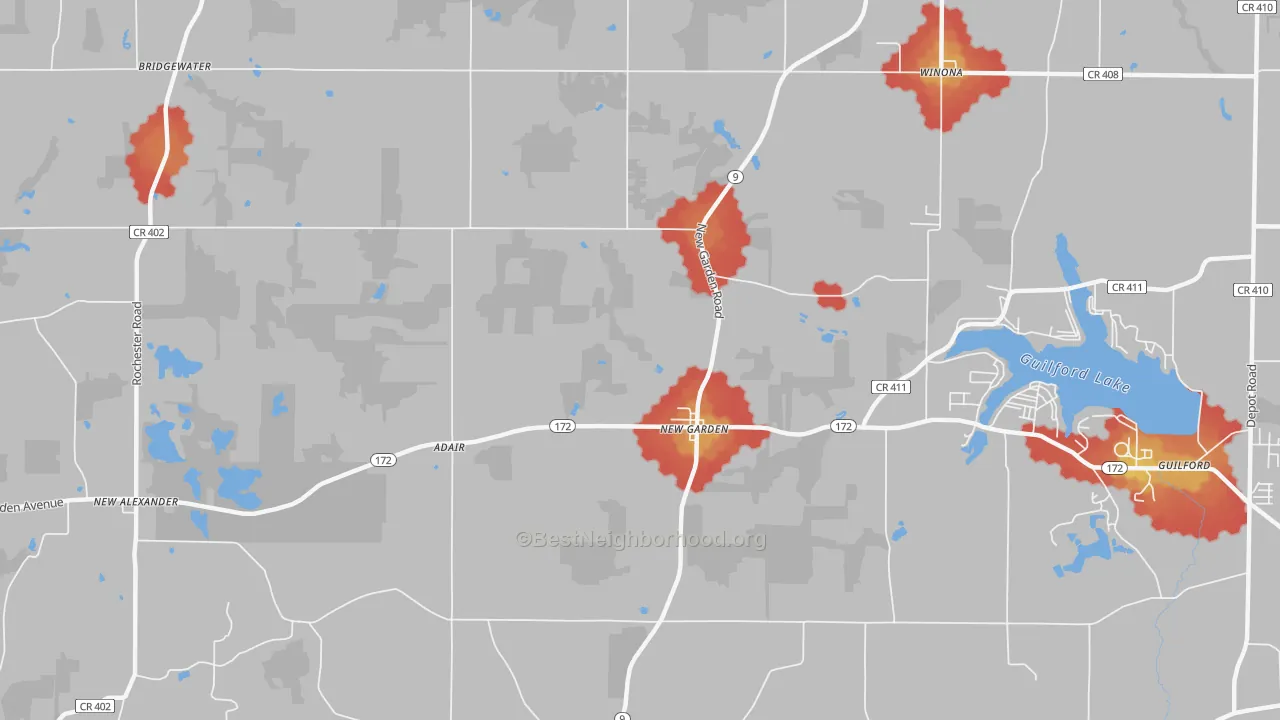 Walk Grade map of New Garden, OH, walkable areas in green and car-dependent areas in red