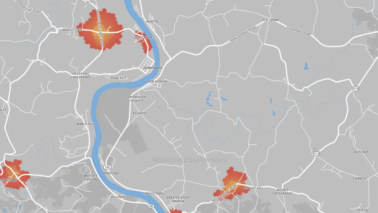 Walk Grade map of New Geneva, PA, walkable areas in green and car-dependent areas in red
