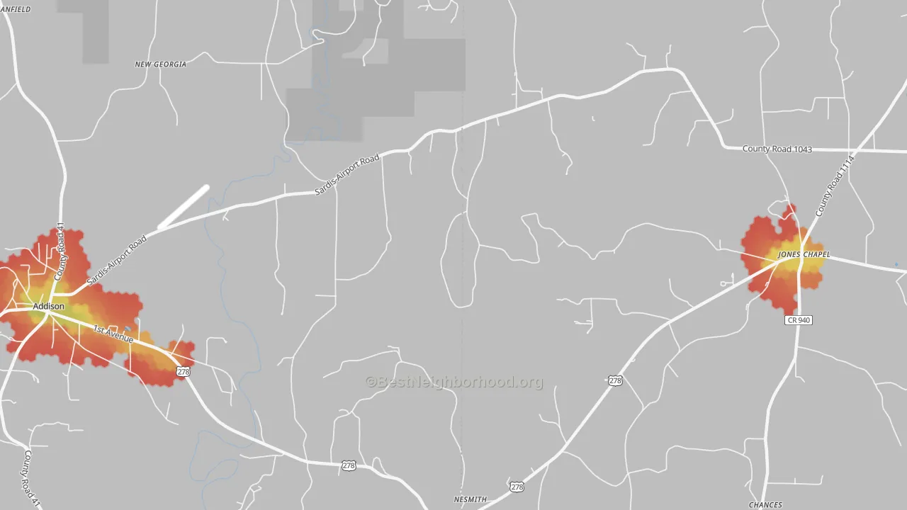 Walk Grade map of New Georgia, AL, walkable areas in green and car-dependent areas in red