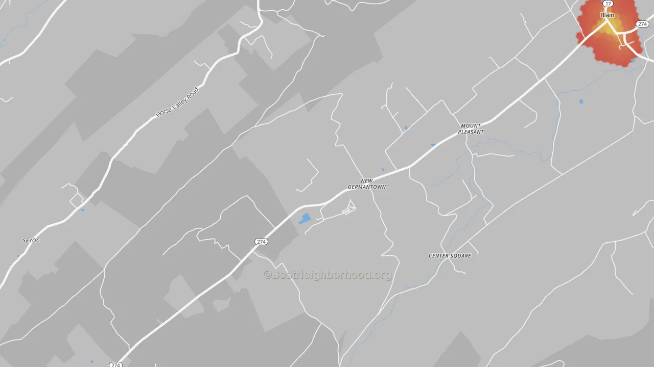 Walk Grade map of New Germantown, PA, walkable areas in green and car-dependent areas in red