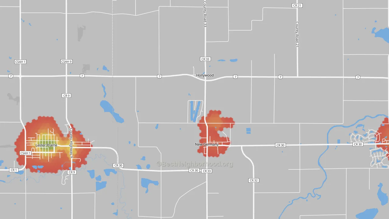 Walk Grade map of New Germany, MN, walkable areas in green and car-dependent areas in red