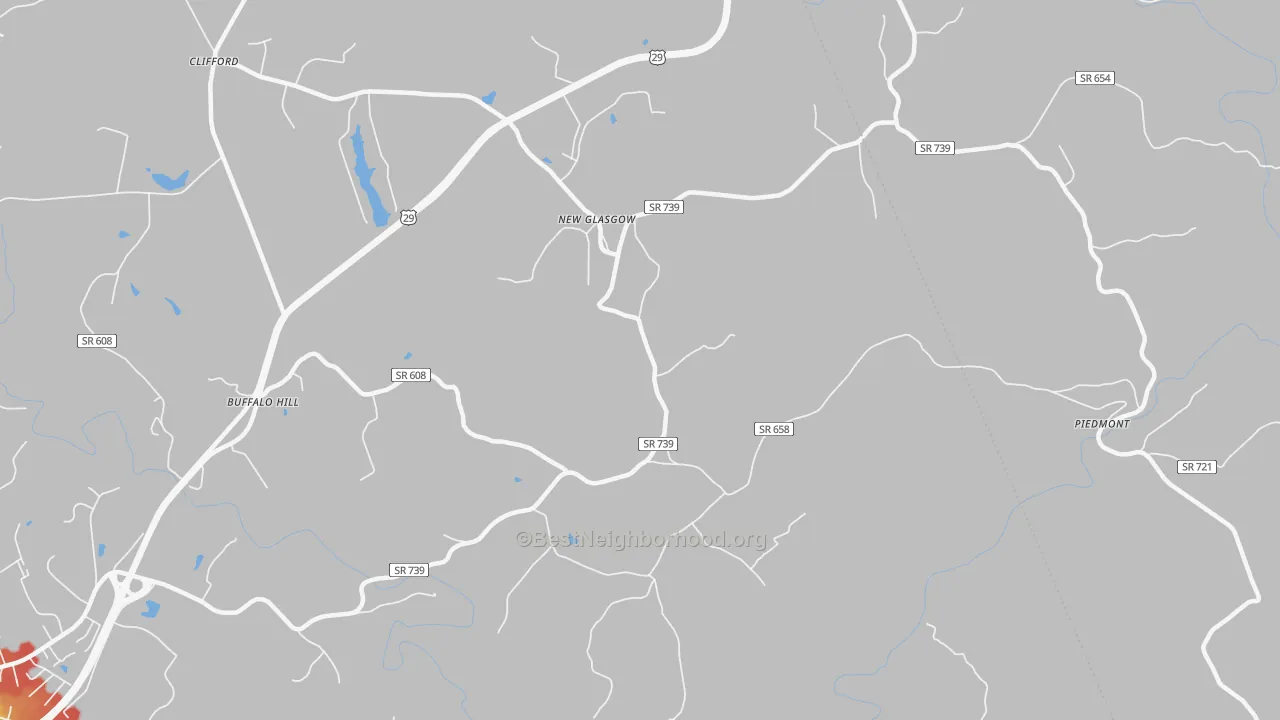Walk Grade map of New Glasgow, VA, walkable areas in green and car-dependent areas in red
