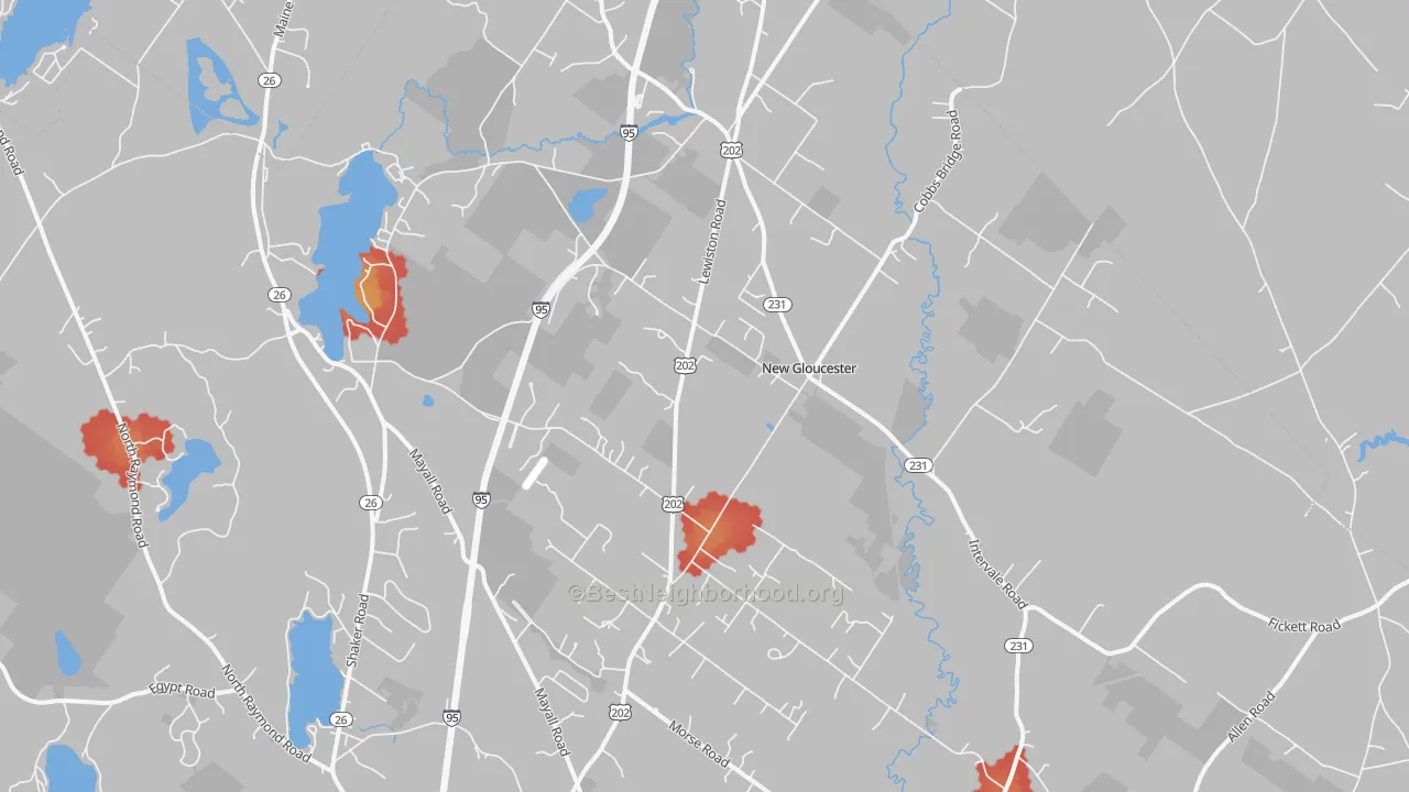 Walk Grade map of New Gloucester, ME, walkable areas in green and car-dependent areas in red