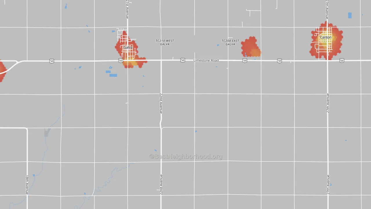 Walk Grade map of New Gottland, KS, walkable areas in green and car-dependent areas in red