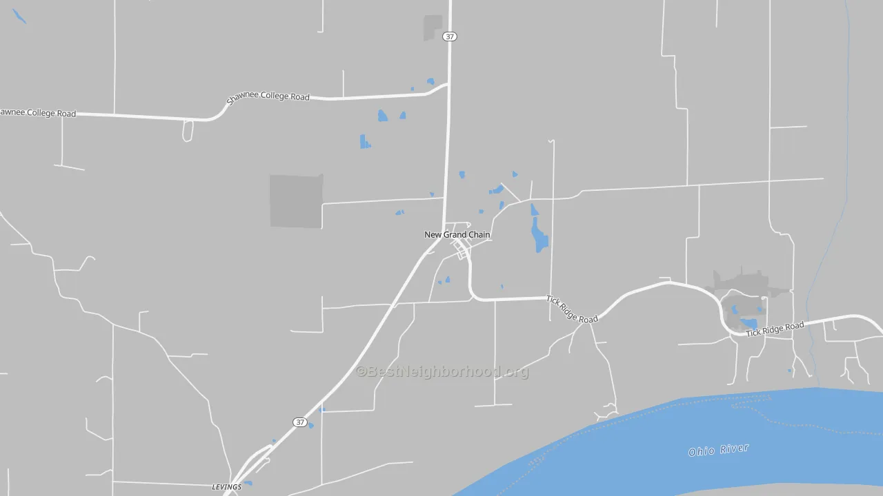 Walk Grade map of New Grand Chain, IL, walkable areas in green and car-dependent areas in red