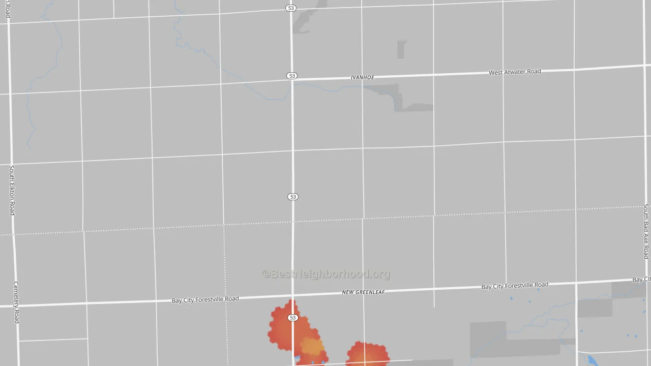 Walk Grade map of New Greenleaf, MI, walkable areas in green and car-dependent areas in red