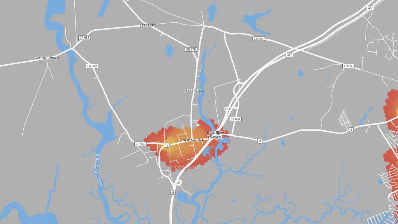 Walk Grade map of New Gretna, NJ, walkable areas in green and car-dependent areas in red