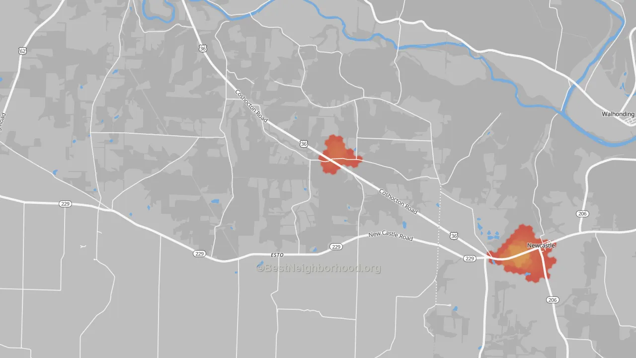Walk Grade map of New Guilford, OH, walkable areas in green and car-dependent areas in red
