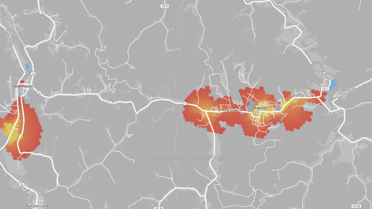 Walk Grade map of New Hamlin, WV, walkable areas in green and car-dependent areas in red