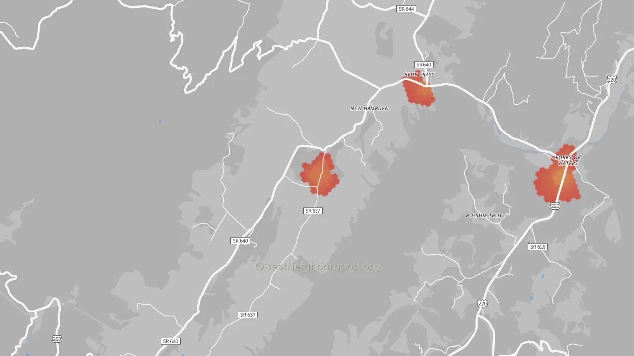 Walk Grade map of New Hampden, VA, walkable areas in green and car-dependent areas in red