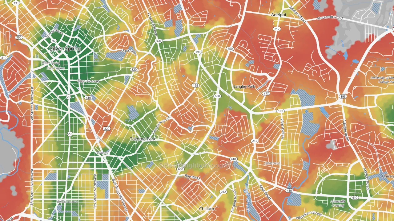 Walk Grade map of New Hampshire Gardens, Takoma Park, MD, walkable areas in green and car-dependent areas in red