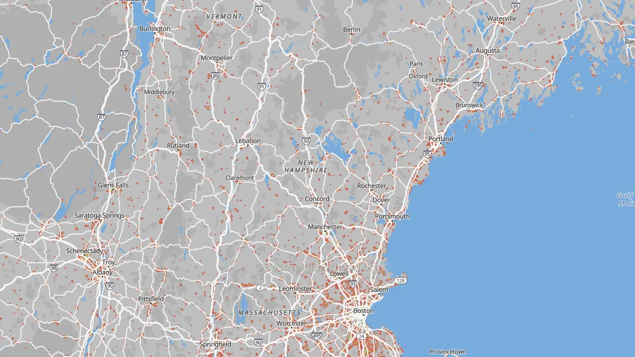 Walk Grade map of New Hampshire, walkable areas in green and car-dependent areas in red