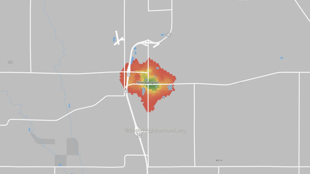 Walk Grade map of New Hampton, IA, walkable areas in green and car-dependent areas in red