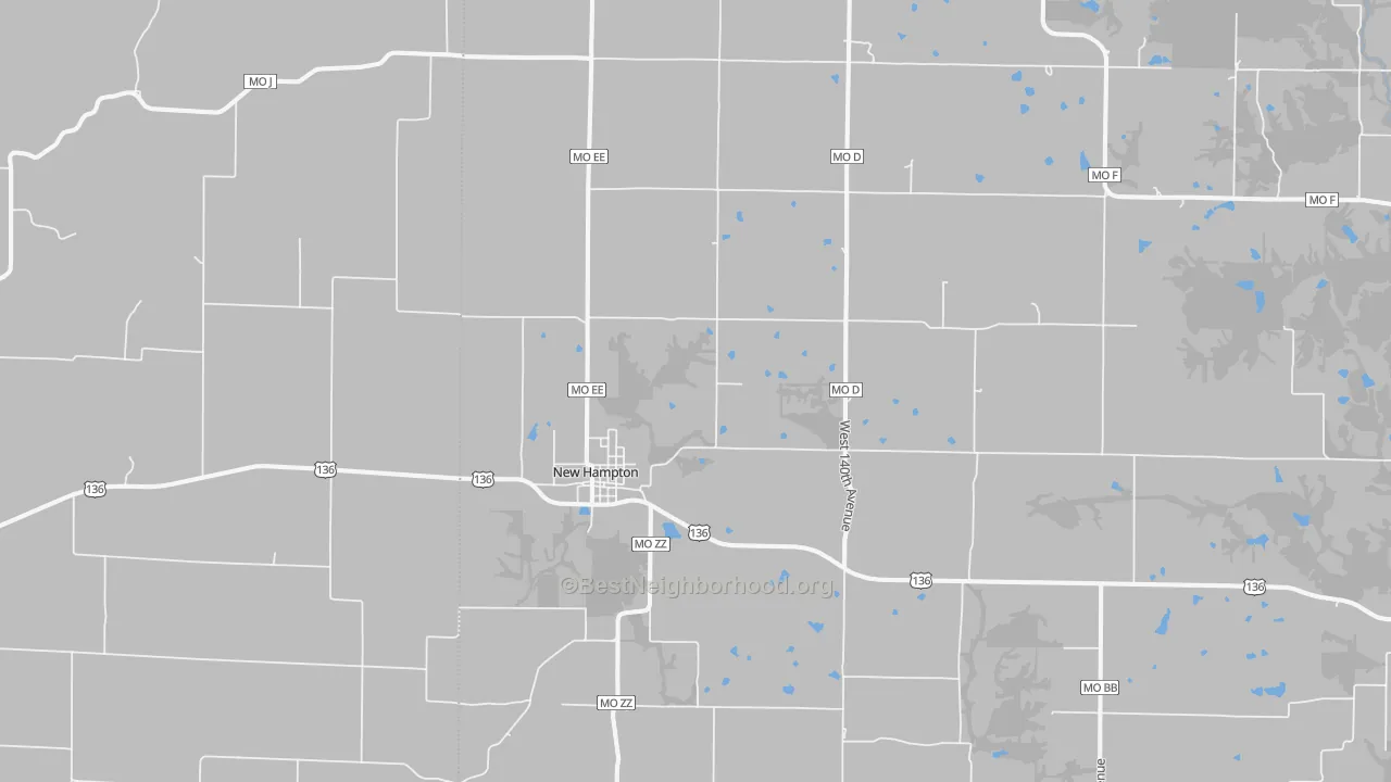 Walk Grade map of New Hampton, MO, walkable areas in green and car-dependent areas in red