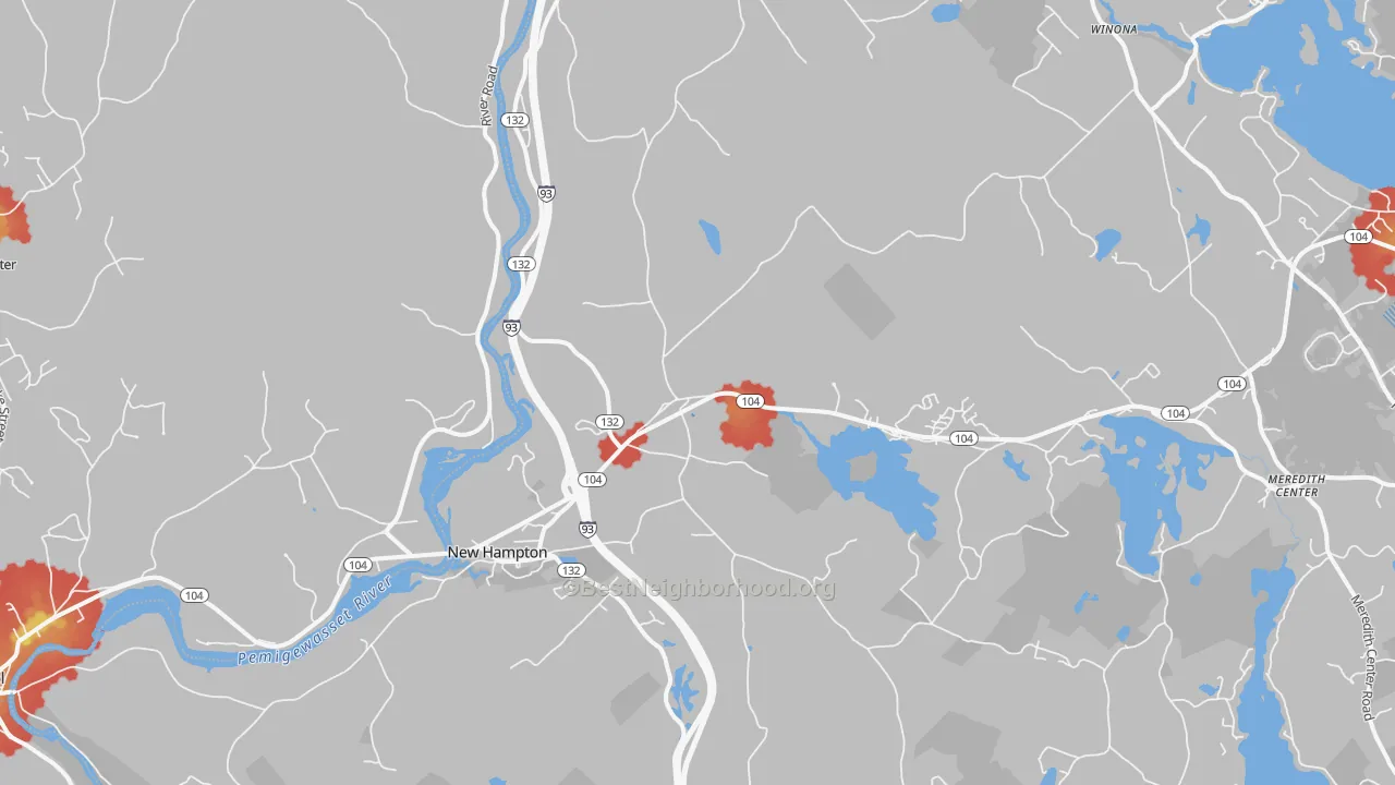 Walk Grade map of New Hampton, NH, walkable areas in green and car-dependent areas in red