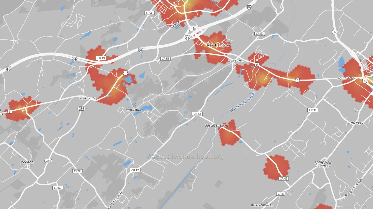 Walk Grade map of New Hampton, NY, walkable areas in green and car-dependent areas in red