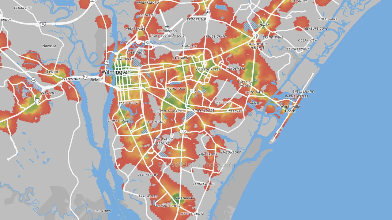 Walk Grade map of New Hanover County, NC, walkable areas in green and car-dependent areas in red