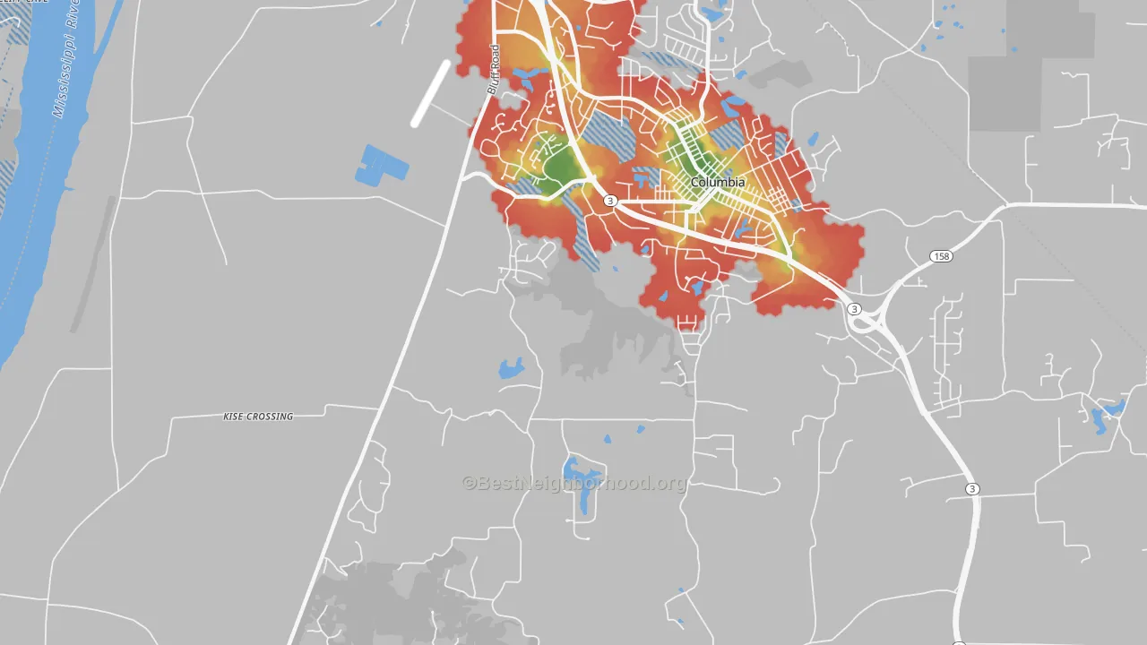 Walk Grade map of New Hanover, IL, walkable areas in green and car-dependent areas in red