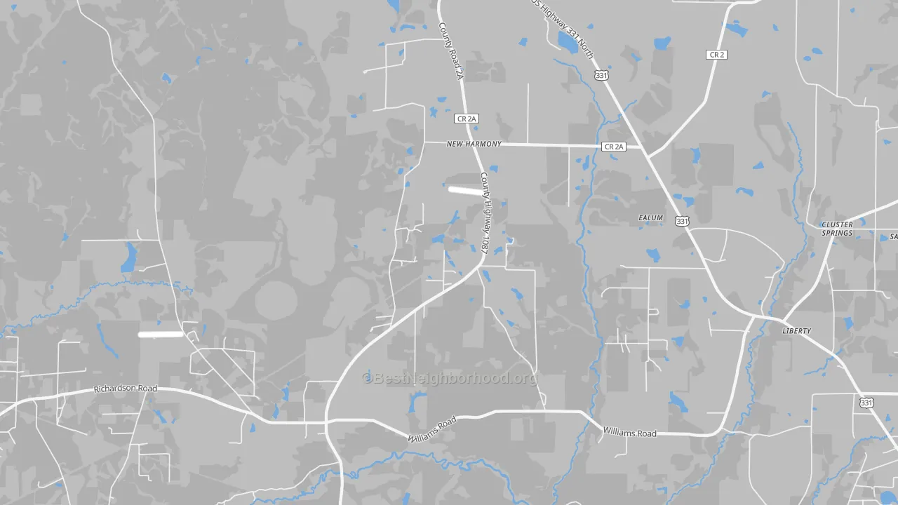 Walk Grade map of New Harmony, FL, walkable areas in green and car-dependent areas in red