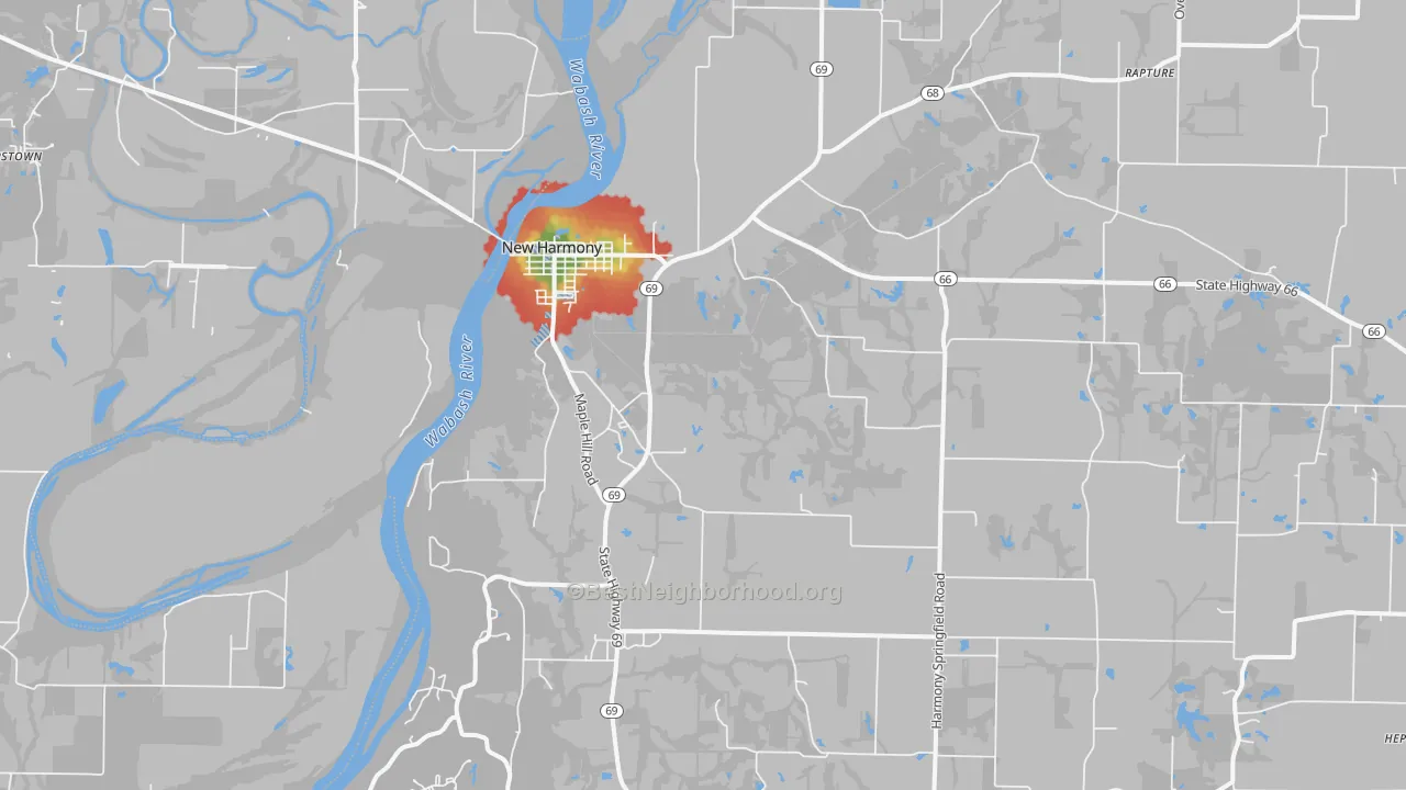 Walk Grade map of New Harmony, IN, walkable areas in green and car-dependent areas in red