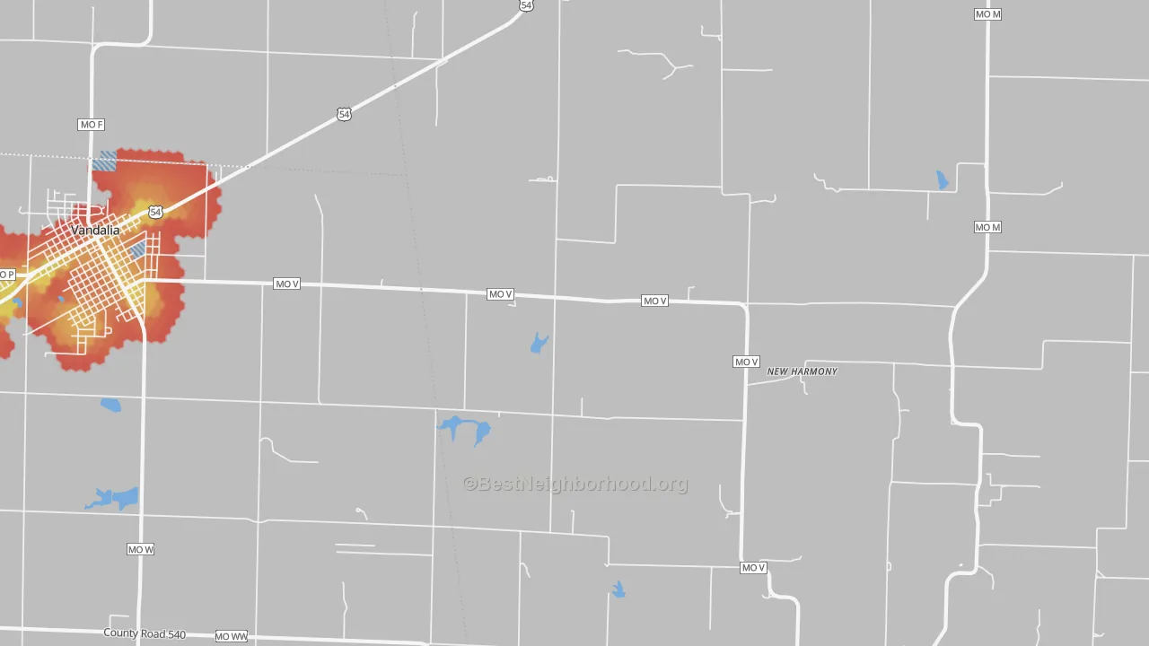 Walk Grade map of New Harmony, MO, walkable areas in green and car-dependent areas in red