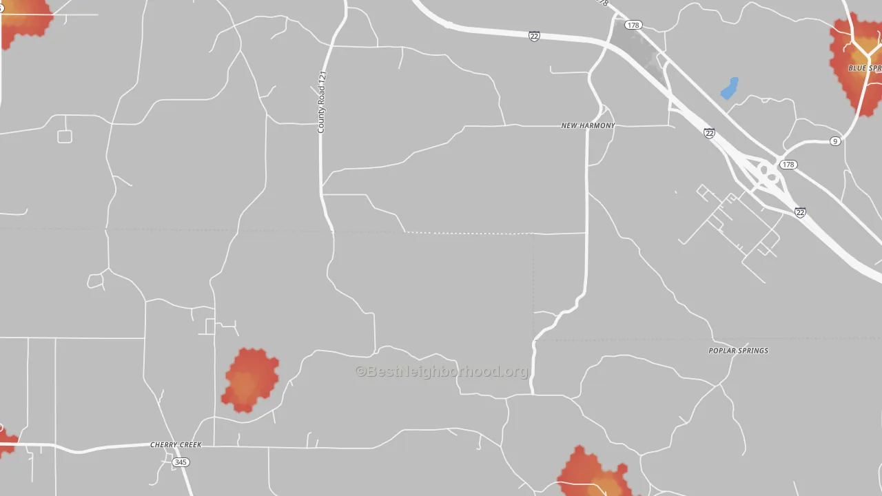 Walk Grade map of New Harmony, MS, walkable areas in green and car-dependent areas in red