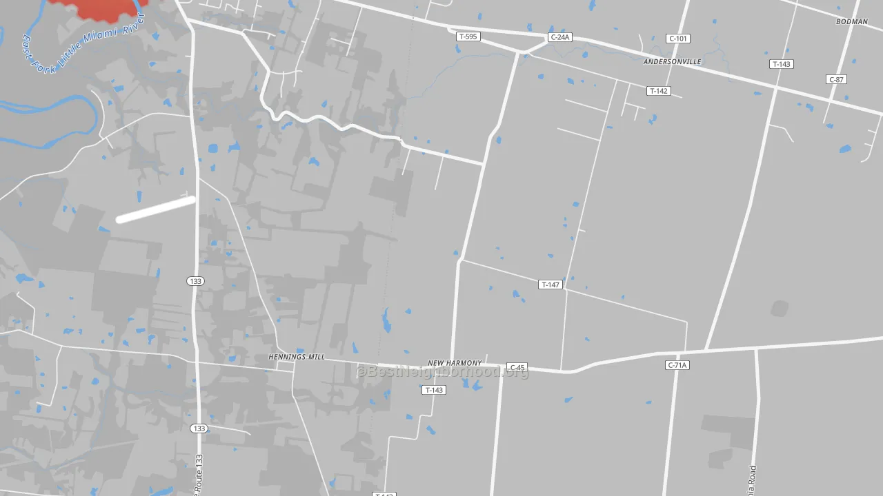 Walk Grade map of New Harmony, OH, walkable areas in green and car-dependent areas in red