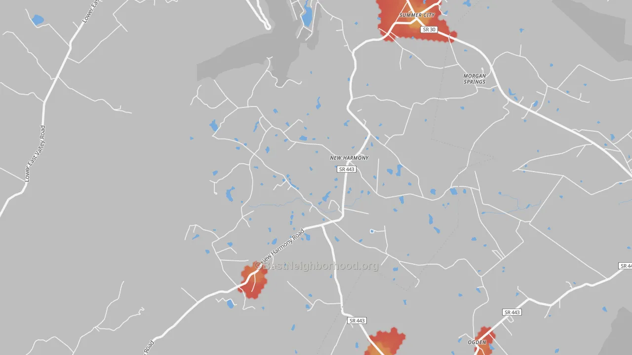 Walk Grade map of New Harmony, TN, walkable areas in green and car-dependent areas in red