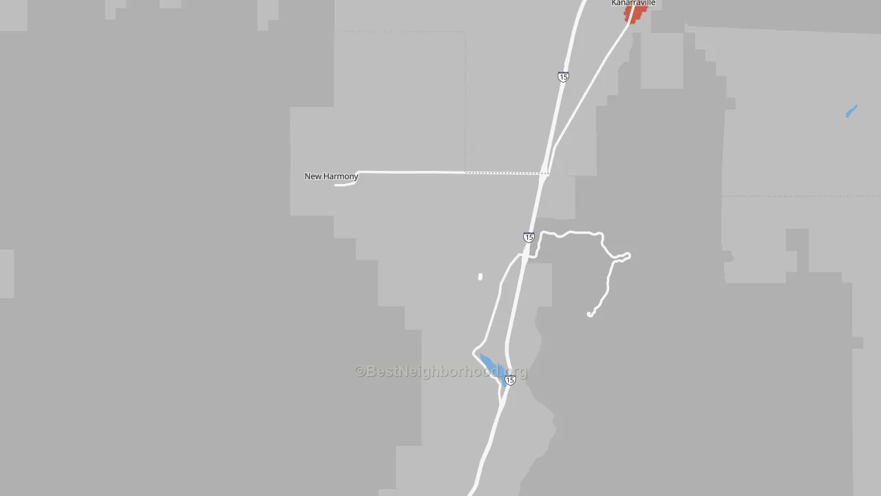 Walk Grade map of New Harmony, UT, walkable areas in green and car-dependent areas in red