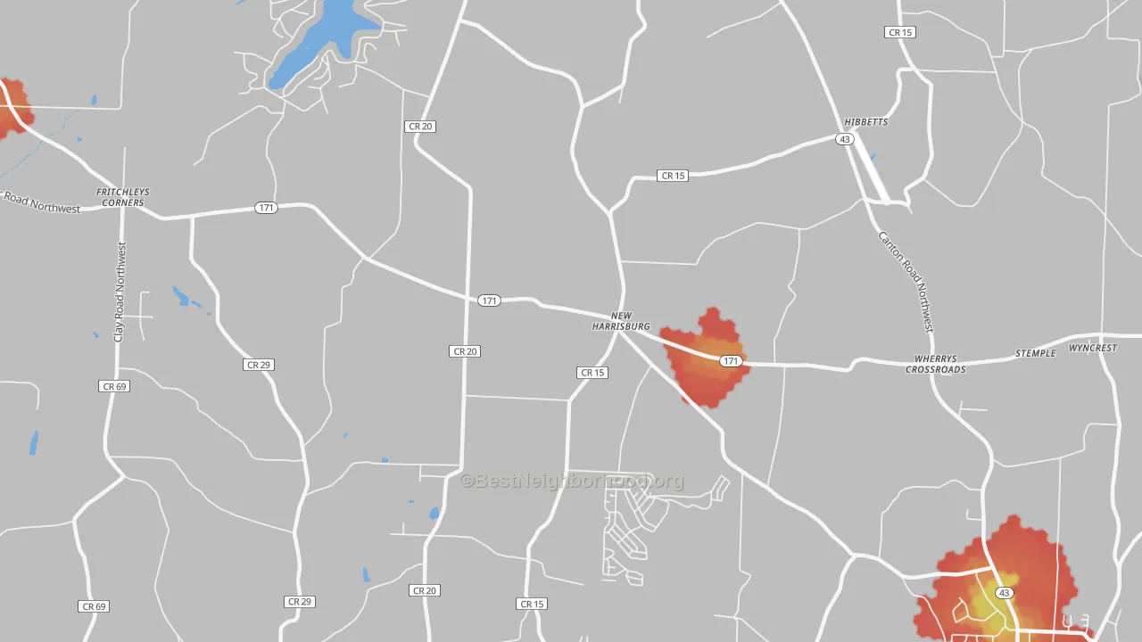 Walk Grade map of New Harrisburg, OH, walkable areas in green and car-dependent areas in red