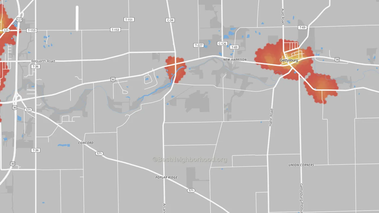 Walk Grade map of New Harrison, OH, walkable areas in green and car-dependent areas in red