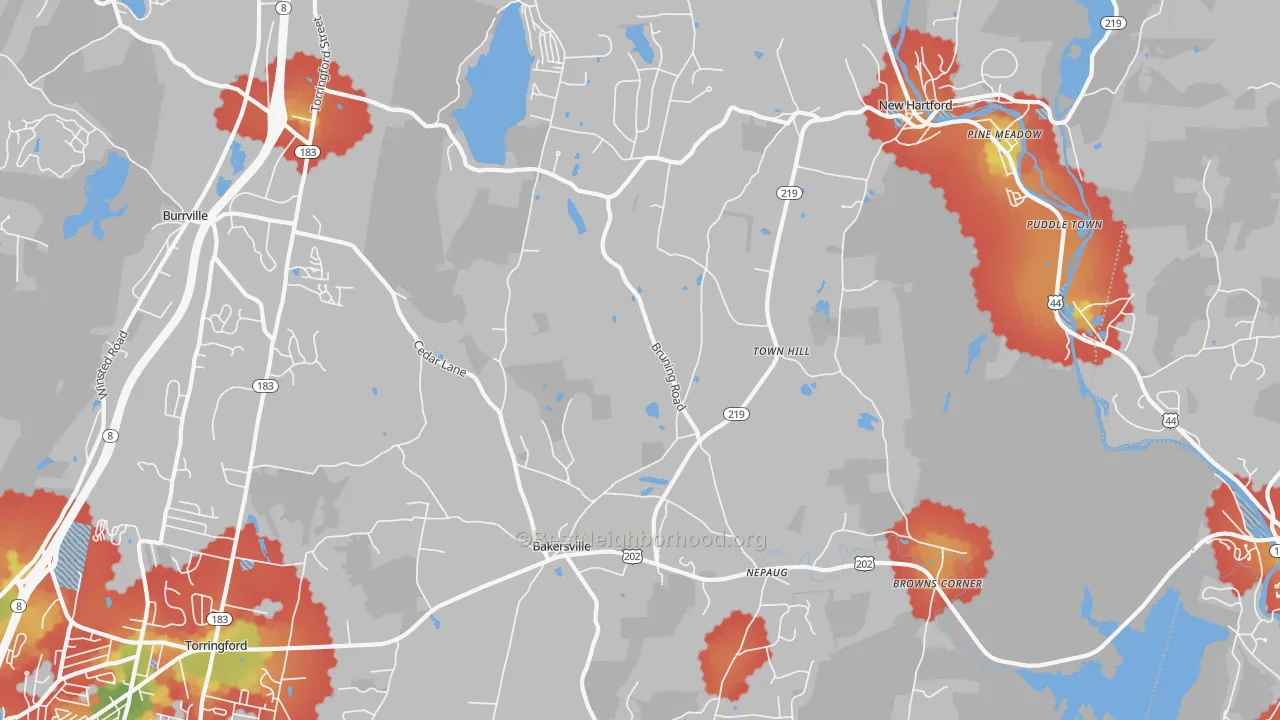 Walk Grade map of New Hartford, CT, walkable areas in green and car-dependent areas in red