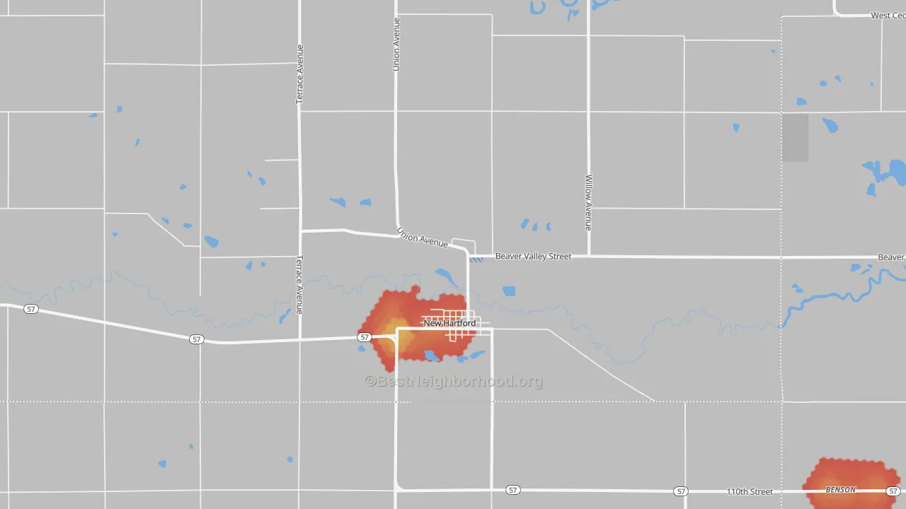 Walk Grade map of New Hartford, IA, walkable areas in green and car-dependent areas in red